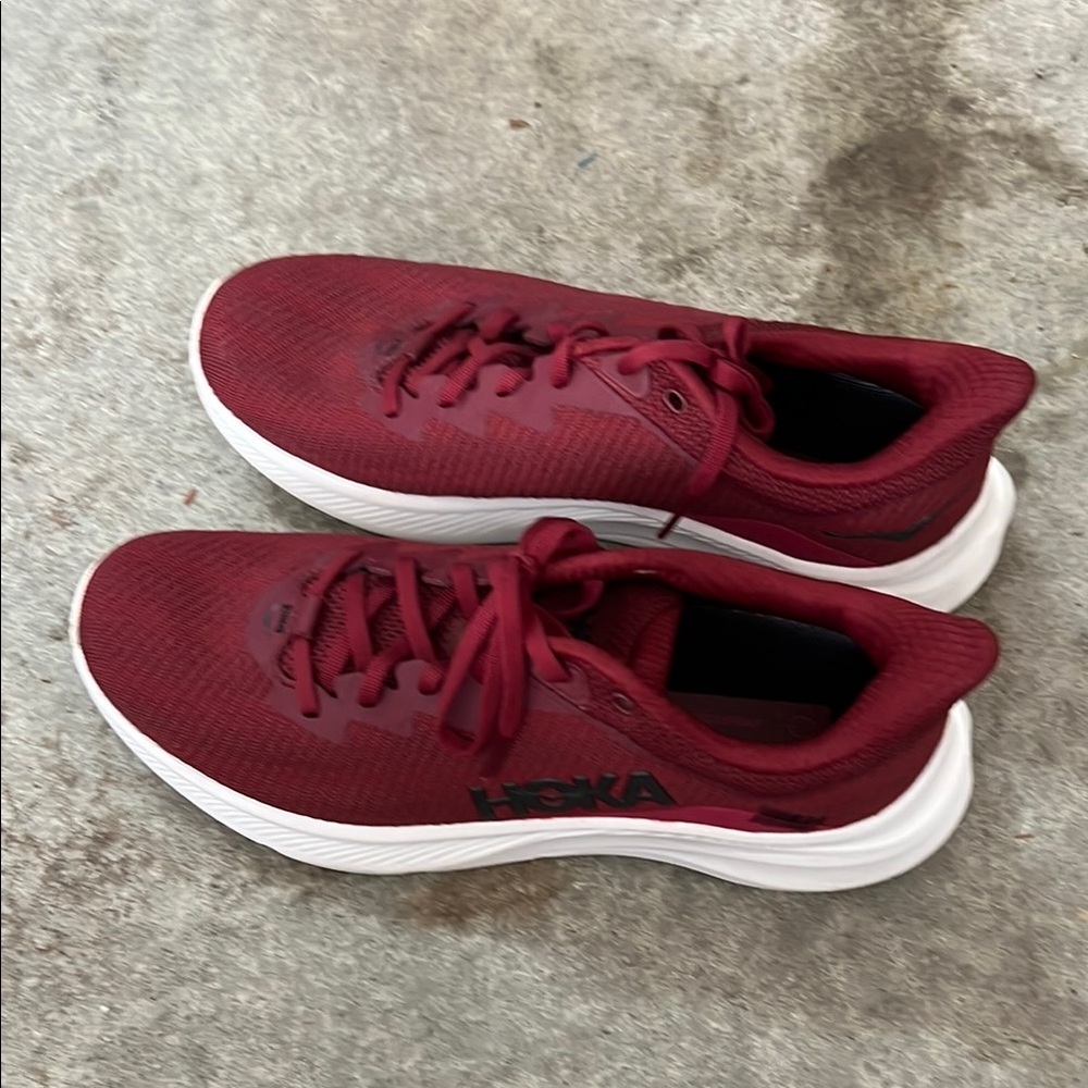 Hoka Red and White Athletic Shoes Comfortable Knit Design